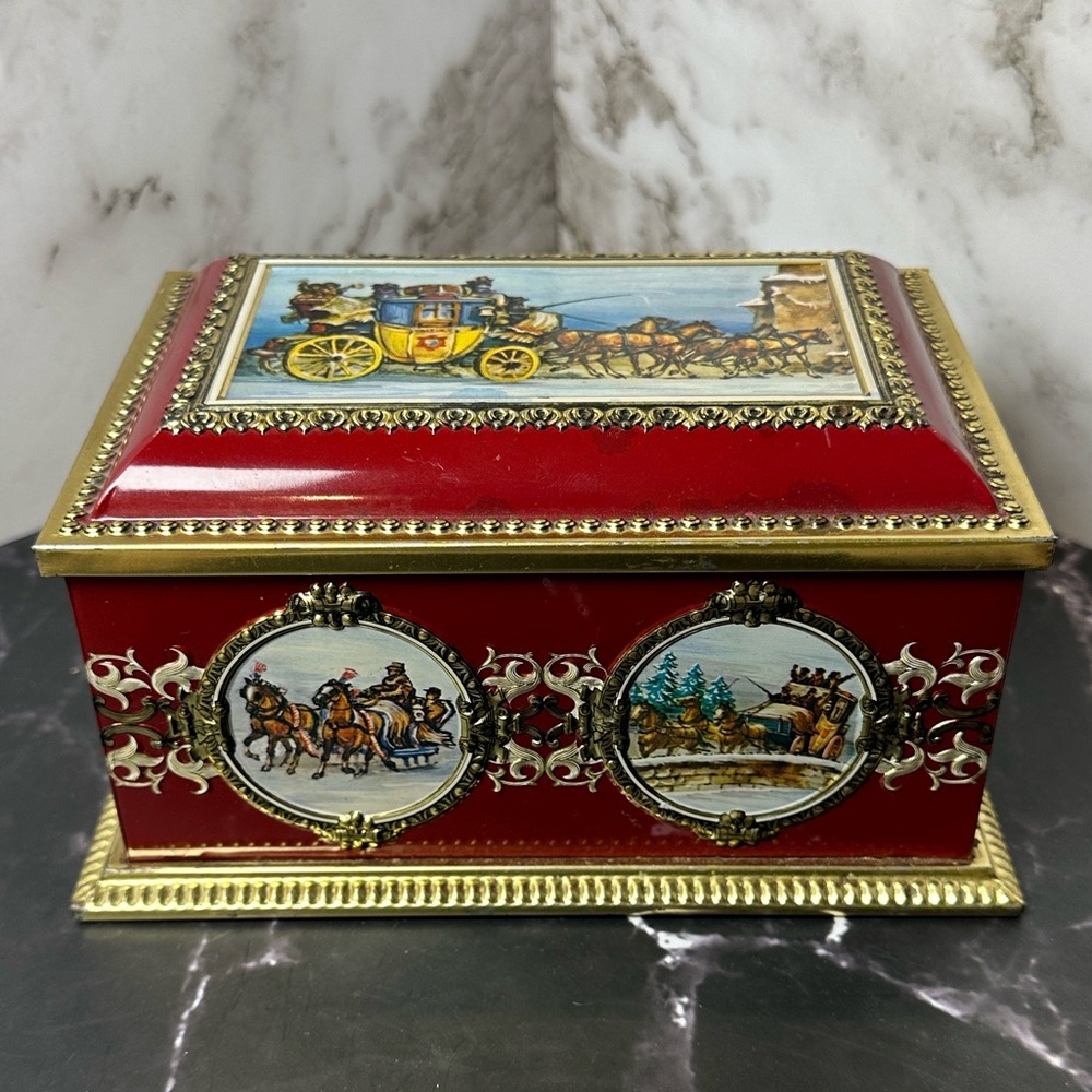 Vintage Klann Quality Western Germany Metal Trinket Box–Stagecoach Victorian